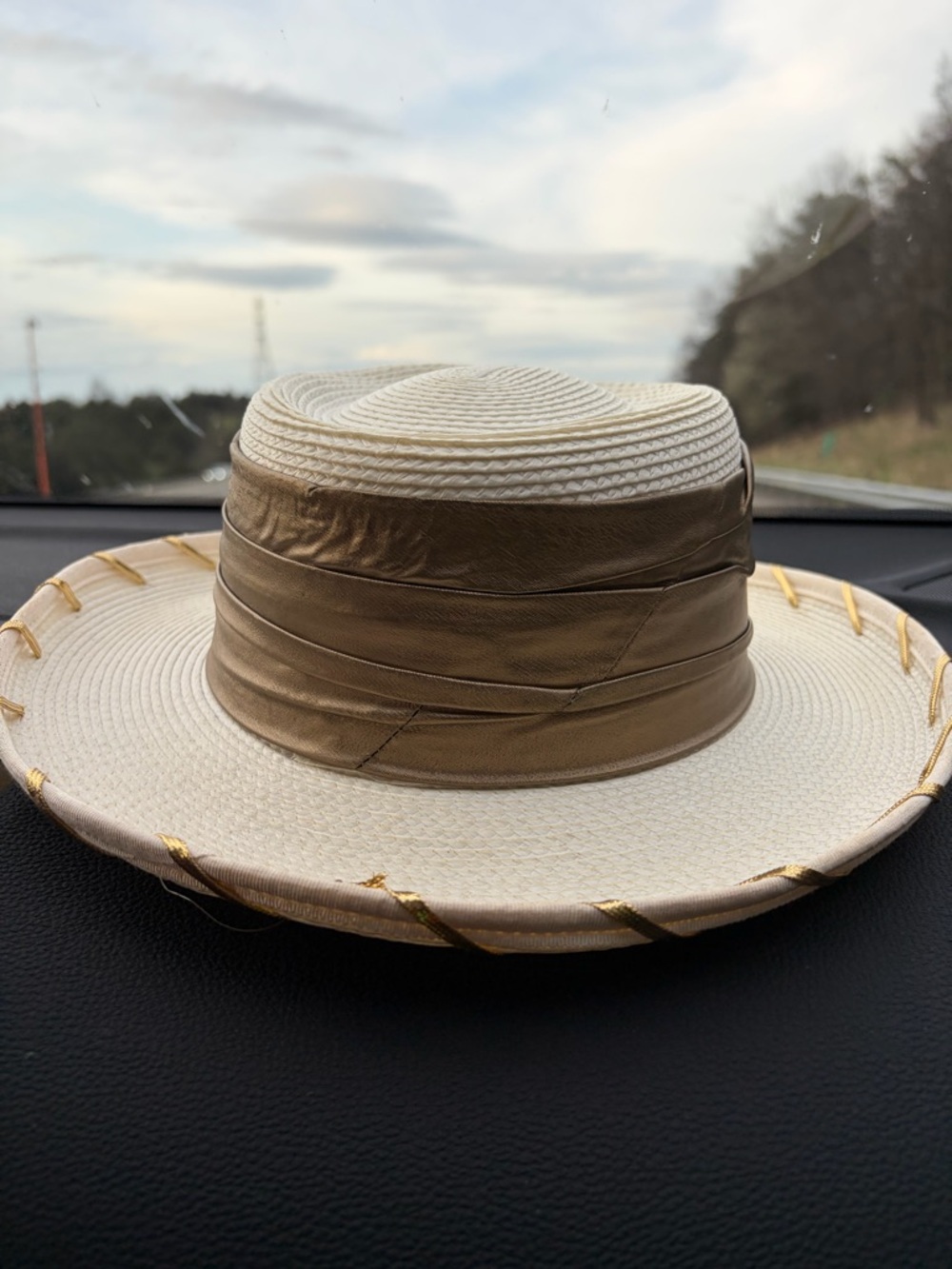 Cream Wide-Brim Boater Hat — Gold Band & Stitch Trim
